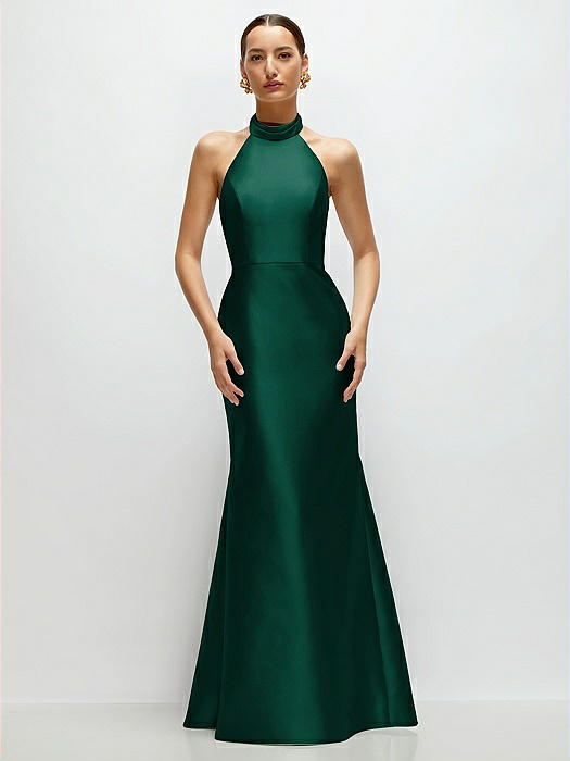 High-Neck Halter Open-Back Satin Trumpet Dress 