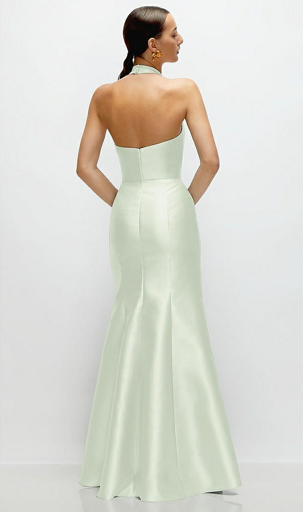 Back View - Mint Green High-Neck Halter Open-Back Satin Trumpet Dress 