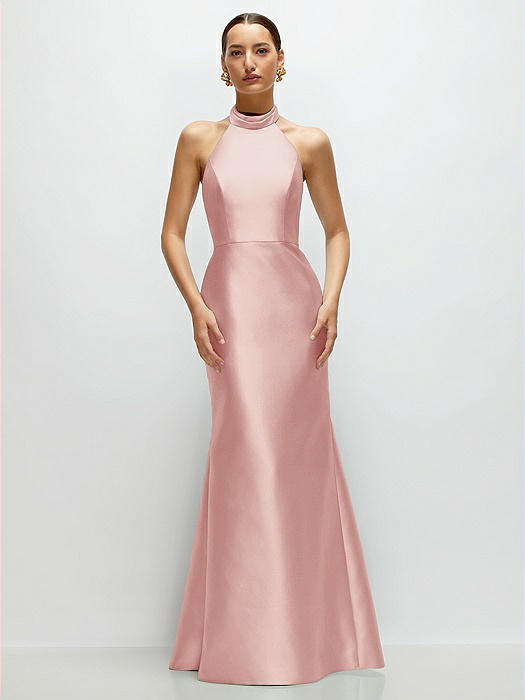 High-Neck Halter Open-Back Satin Trumpet Dress 