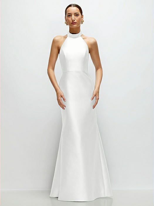 High-Neck Halter Open-Back Satin Trumpet Dress 