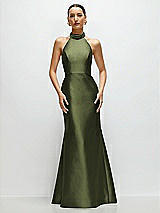 Front View Thumbnail - Olive Green High-Neck Halter Open-Back Satin Trumpet Dress 