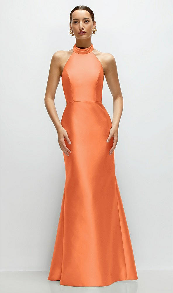Front View - Portofino Orange High-Neck Halter Open-Back Satin Trumpet Dress
