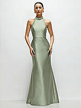Front View Thumbnail - Sage High-Neck Halter Open-Back Satin Trumpet Dress 