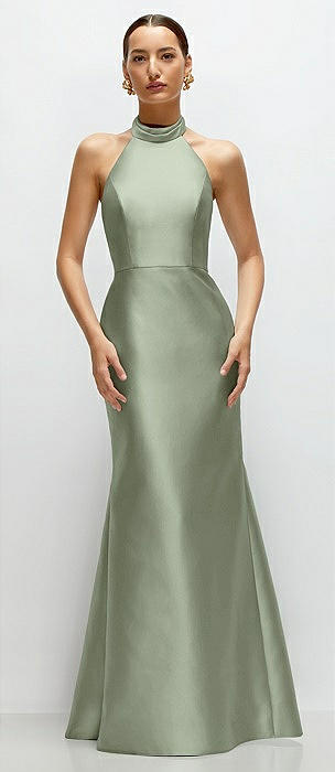 green emerald velvet dress Bella Satin Halter Maxi Dress / Sage | Meshki main image 0