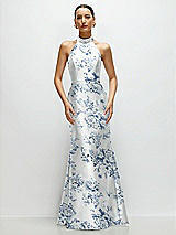 Front View Thumbnail - Cottage Rose Larkspur High-Neck Halter Open-Back Floral Satin Trumpet Dress