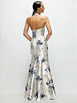Rear View Thumbnail - Inkwash Blue Floral High-Neck Halter Open-Back Floral Satin Trumpet Dress 