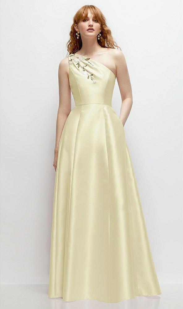 Front View - Butter Yellow One-Shoulder Full A-Line Satin Gown with Handworked Floral Appliqué
