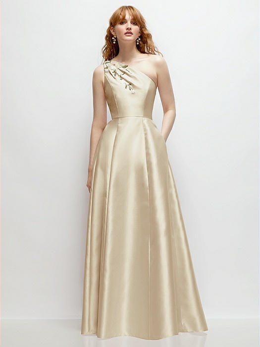 One-Shoulder Full A-Line Satin Gown with Handworked Floral Appliqué