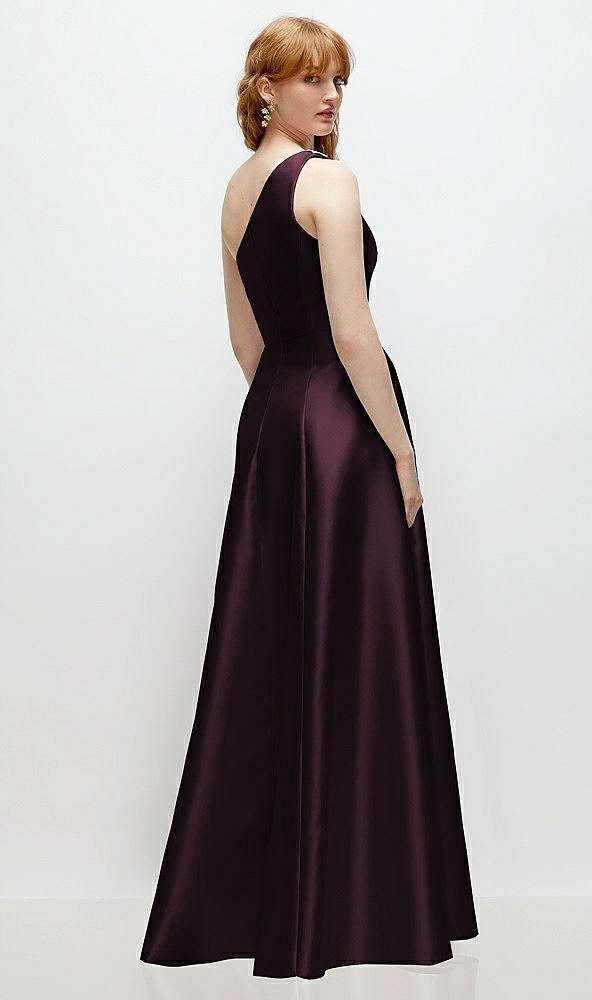 Back View - Deep Plum One-Shoulder Full A-Line Satin Gown with Handworked Floral Appliqué