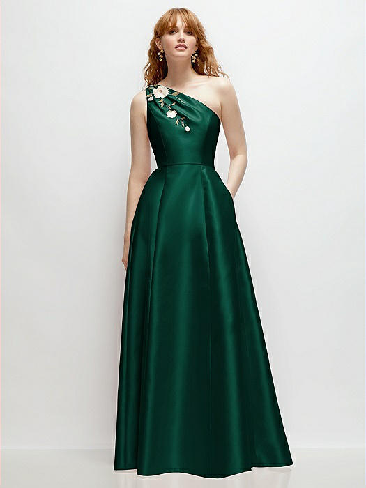 One-Shoulder Full A-Line Satin Gown with Handworked Floral Appliqué