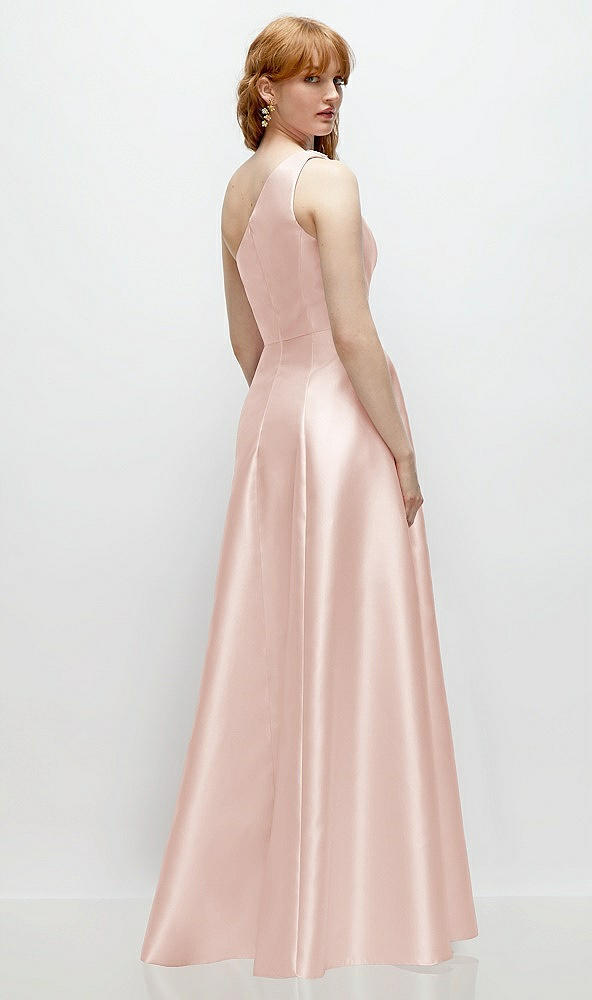Back View - Blush One-Shoulder Full A-Line Satin Gown with Handworked Floral Appliqué