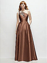 Front View Thumbnail - Cognac One-Shoulder Full A-Line Satin Gown with Handworked Floral Appliqué