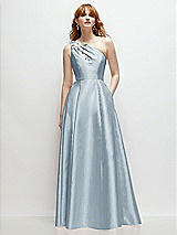 Front View Thumbnail - Mist One-Shoulder Full A-Line Satin Gown with Handworked Floral Appliqué