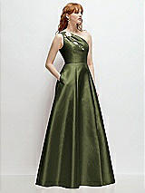 Side View Thumbnail - Olive Green One-Shoulder Full A-Line Satin Gown with Handworked Floral Appliqué