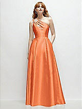 Front View Thumbnail - Portofino Orange One-Shoulder Full A-Line Satin Gown with Handworked Floral Appliqué