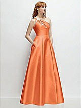 Side View Thumbnail - Portofino Orange One-Shoulder Full A-Line Satin Gown with Handworked Floral Appliqué