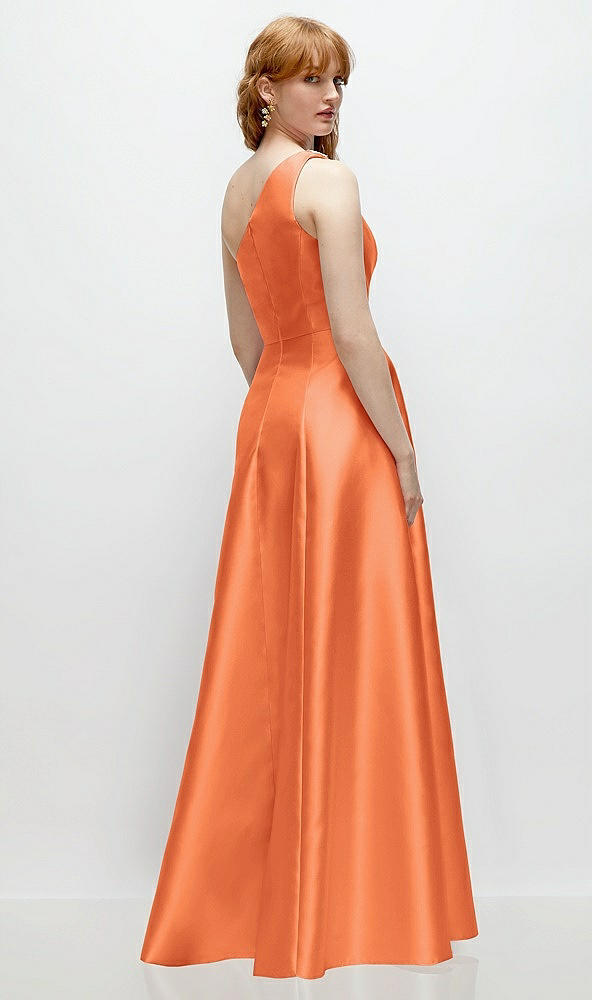Back View - Portofino Orange One-Shoulder Full A-Line Satin Gown with Handworked Floral Appliqué