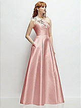 Side View Thumbnail - Rose One-Shoulder Full A-Line Satin Gown with Handworked Floral Appliqué