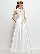 Side View Thumbnail - White One-Shoulder Full A-Line Satin Gown with Handworked Floral Appliqué