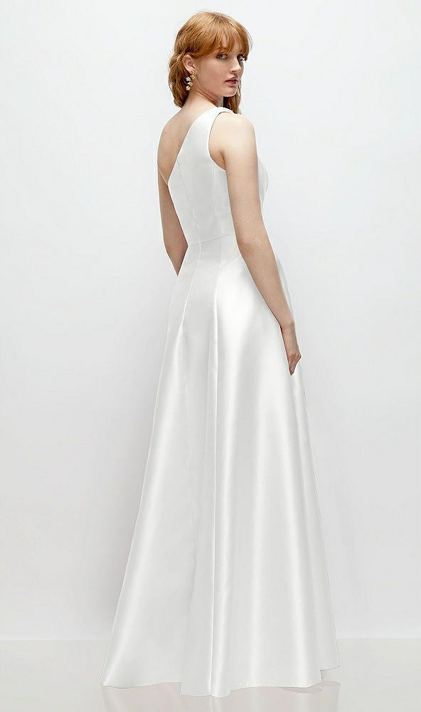 Back View - White One-Shoulder Full A-Line Satin Gown with Handworked Floral Appliqué