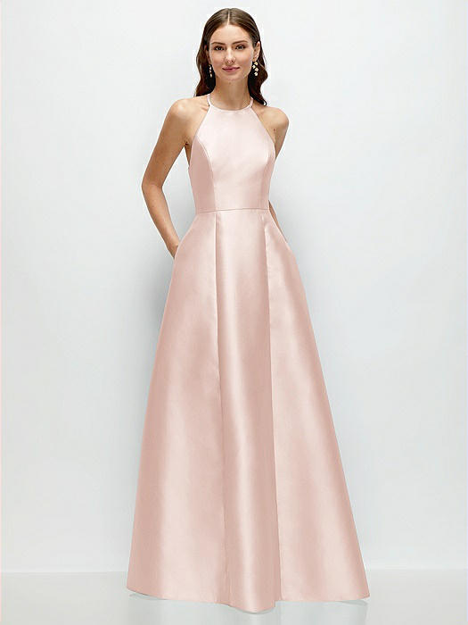 Jewel Neck Halter Full A-Line Satin Maxi Dress