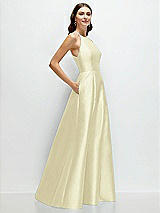 Side View Thumbnail - Butter Yellow Jewel Neck Halter Full A-Line Satin Maxi Dress