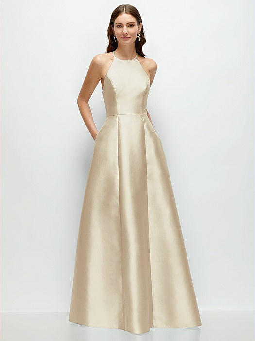 Jewel Neck Halter Full A-Line Satin Maxi Dress