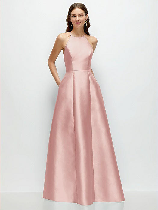 Jewel Neck Halter Full A-Line Satin Maxi Dress