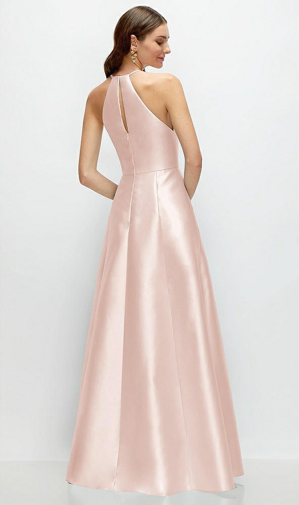 Back View - Blush Jewel Neck Halter Full A-Line Satin Maxi Dress