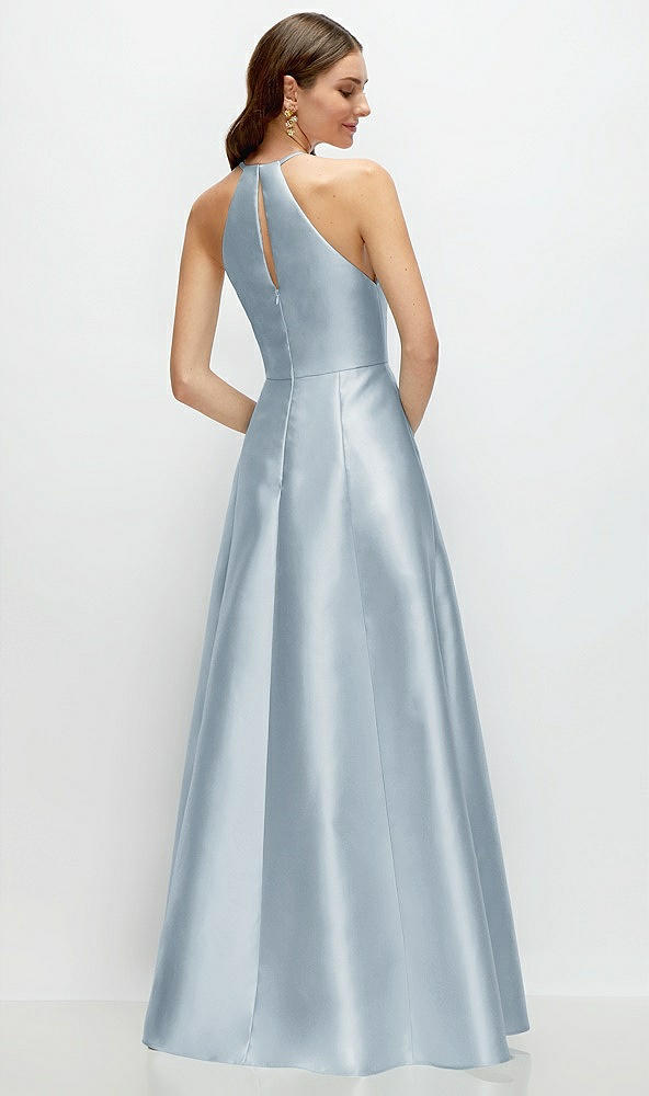 Back View - Mist Jewel Neck Halter Full A-Line Satin Maxi Dress