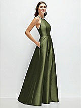 Side View Thumbnail - Olive Green Jewel Neck Halter Full A-Line Satin Maxi Dress