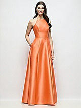 Front View Thumbnail - Portofino Orange Jewel Neck Halter Full A-Line Satin Maxi Dress