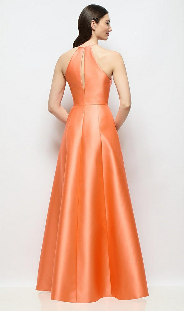 Back View - Portofino Orange Jewel Neck Halter Full A-Line Satin Maxi Dress