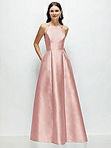 Front View Thumbnail - Rose Jewel Neck Halter Full A-Line Satin Maxi Dress