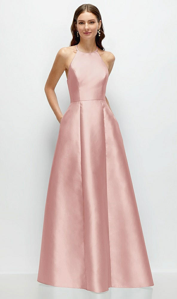Front View - Rose Jewel Neck Halter Full A-Line Satin Maxi Dress