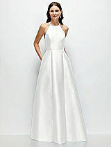 Front View Thumbnail - White Jewel Neck Halter Full A-Line Satin Maxi Dress