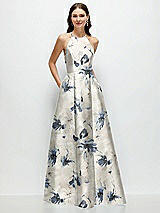 Front View Thumbnail - Inkwash Blue Floral Jewel Neck Halter Full A-Line Satin Floral Maxi Dress