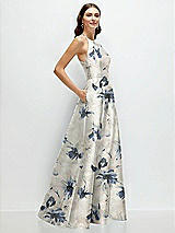 Side View Thumbnail - Inkwash Blue Floral Jewel Neck Halter Full A-Line Satin Floral Maxi Dress