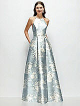 Front View Thumbnail - Porcelain Blue Seraphina Floral Jewel Neck Halter Full A-Line Satin Floral Maxi Dress