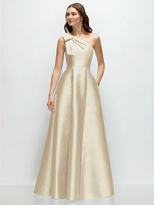 Bow One-Shoulder Full A-Line Satin Maxi Dress