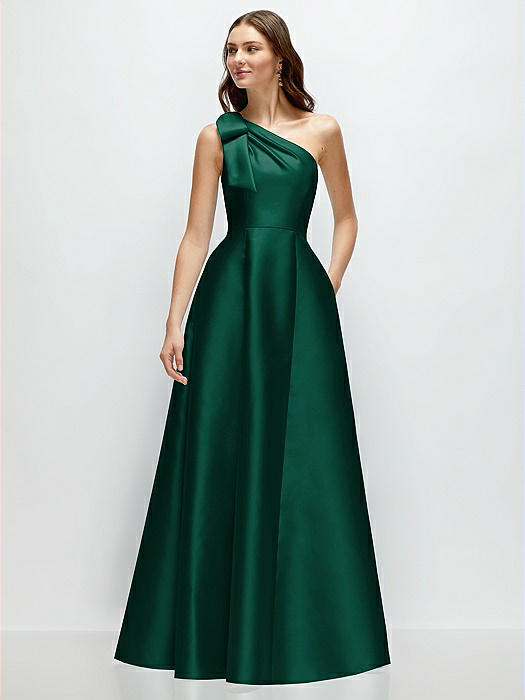 Bow One-Shoulder Full A-Line Satin Maxi Dress