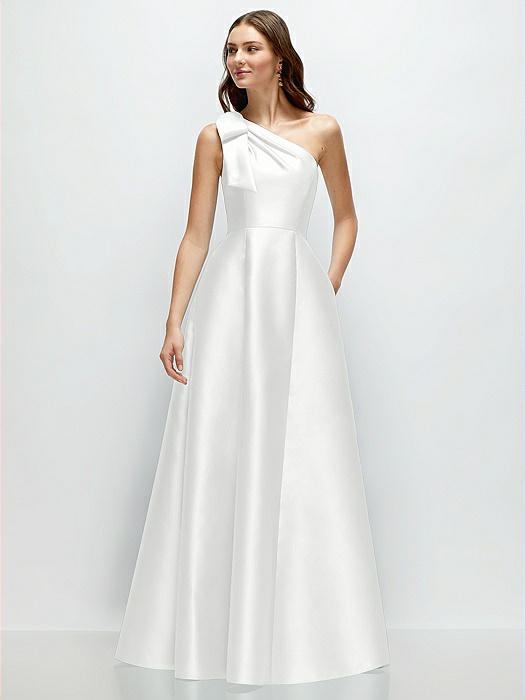 Bow One-Shoulder Full A-Line Satin Maxi Dress