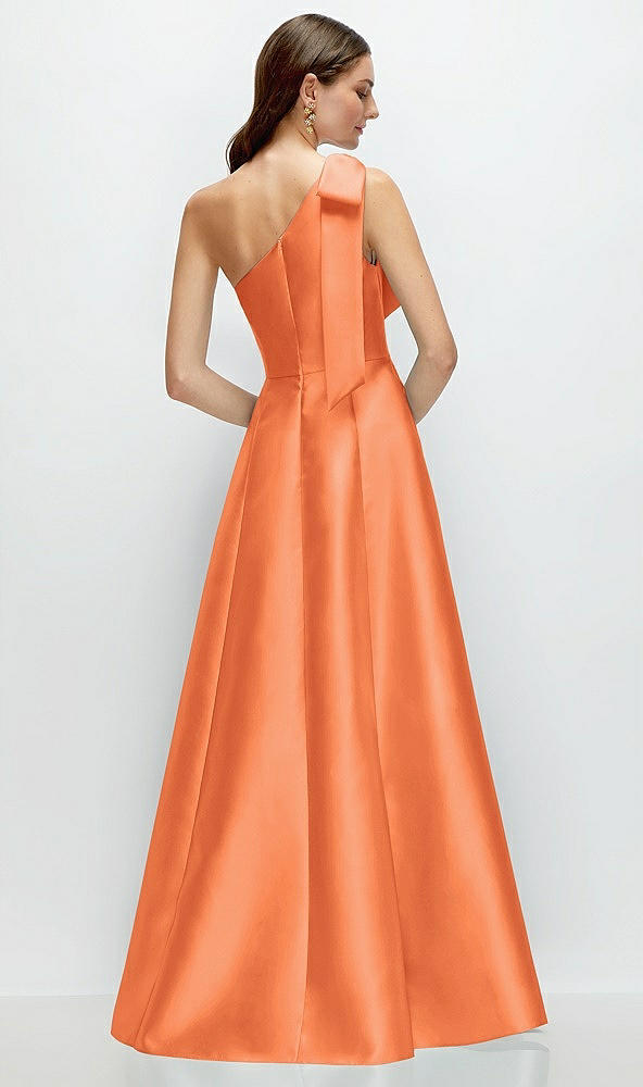 Back View - Portofino Orange Bow One-Shoulder Full A-Line Satin Maxi Dress