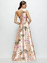 Rear View Thumbnail - Butterfly Botanica Pink Sand Bow One-Shoulder Full A-Line Floral Satin Maxi Dress