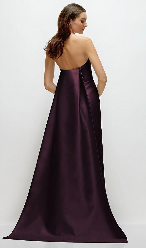 Back View - Deep Plum Strapless Satin Column Dress with Removeable Watteau Train