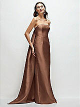 Front View Thumbnail - Cognac Strapless Satin Column Dress with Removeable Watteau Train
