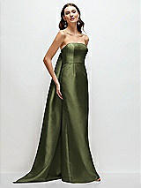 Front View Thumbnail - Olive Green Strapless Satin Column Dress with Removeable Watteau Train