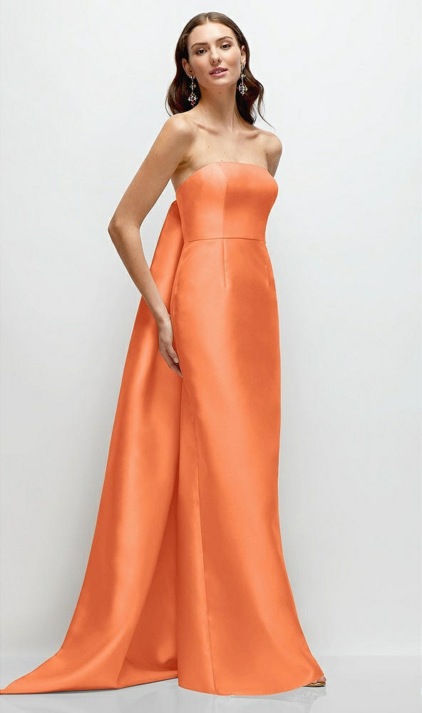 Front View - Portofino Orange Strapless Satin Column Dress with Removeable Watteau Train