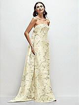 Side View Thumbnail - Butter Yellow Floral Strapless Floral Satin Column Dress with Removeable Watteau Train