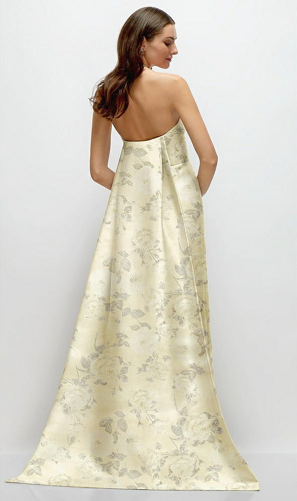 Back View - Butter Yellow Floral Strapless Floral Satin Column Dress with Removeable Watteau Train